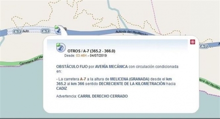 Localización del corte de la A-7 en Sorvilán ()DGT Localización del corte de la A-7 en Sorvilán ()DGT