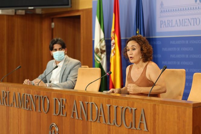 Los parlamentarios de Adelante Andalucía, Ismael Sánchez y Ana Naranjo, este miércoles en la rueda de prensa (UNIDAS PODEMOS) 