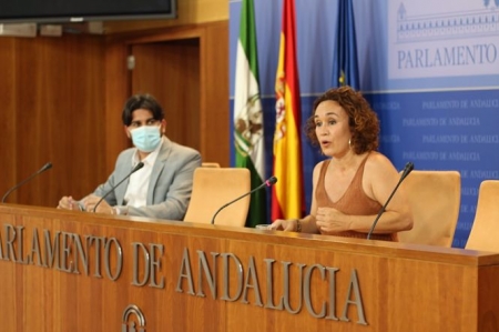 Los parlamentarios de Adelante Andalucía, Ismael Sánchez y Ana Naranjo, este miércoles en la rueda de prensa (UNIDAS PODEMOS) 
