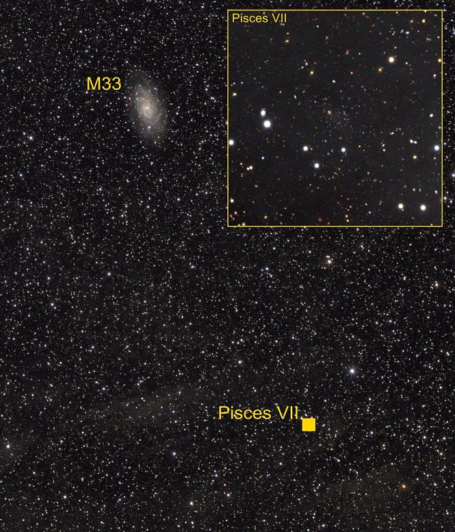 M33 y la nueva galaxia detectada, Piscis VII (GIUSEPPE DONATIELLO)