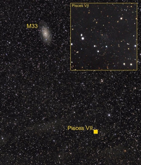 M33 y la nueva galaxia detectada, Piscis VII (GIUSEPPE DONATIELLO) M33 y la nueva galaxia detectada, Piscis VII (GIUSEPPE DONATIELLO)
