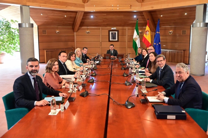 El presidente de la Junta de Andalucía, Juanma Moreno, (c) preside la reunión durante el Consejo de Gobierno (ÁLEX CÁMARA / EUROPA PRESS) 