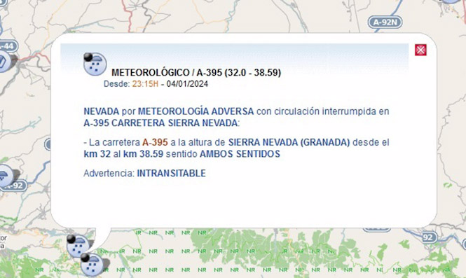 Cortada por nieve la A-395 sin afectar al acceso a la estación de esquí de Sierra Nevada (DIRECCIÓN GENERAL DE TRÁFICO)