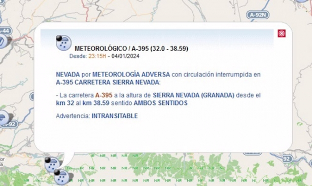 Cortada por nieve la A-395 sin afectar al acceso a la estación de esquí de Sierra Nevada (DIRECCIÓN GENERAL DE TRÁFICO) Cortada por nieve la A-395 sin afectar al acceso a la estación de esquí de Sierra Nevada (DIRECCIÓN GENERAL DE TRÁFICO)