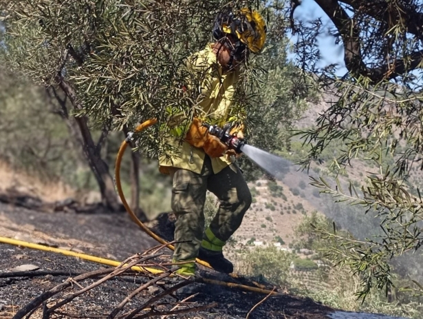 Un efectivo del Plan Infoca trabaja sobre el terreno para sofocar el incendio (PLAN INFOCA)