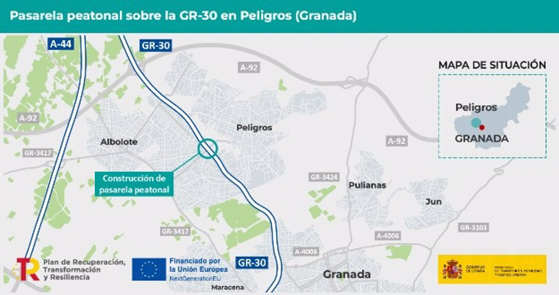 Imagen de archivo sobre la localización de la pasarela peatonal sobre la GR-30 en Peligros (MITMA)
