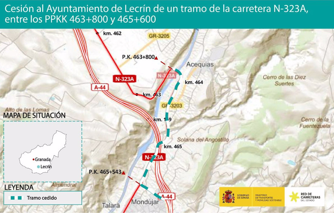 Imagen del tramo entre los kilómetros 463,8 y 465,6 de la carretera N-323A, de Bailén a Motril, y del ramal de conexión entre la autovía A-44 (de Sierra Nevada - Costa Tropical) y la N-323a, en Granada (MITMA)