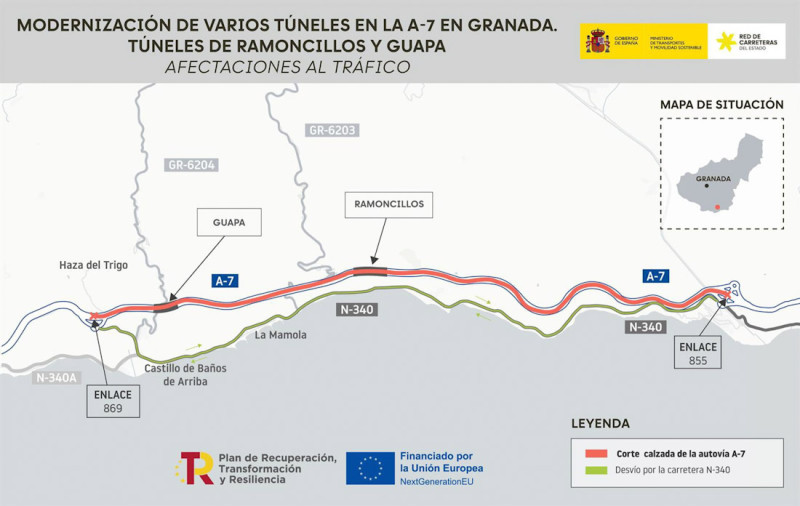 Afectaciones al tráfico por las obras de modernización de dos túneles de la A-7 en la Costa de Granada (MINISTERIO DE TRANSPORTES)