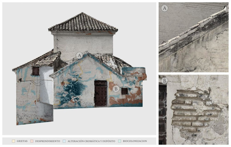 Alzado Este de la Ermita del Santo Sepulcro del Sacromonte, Granada con representación cromática de las principales patologías identificadas en el paramento (UGR)