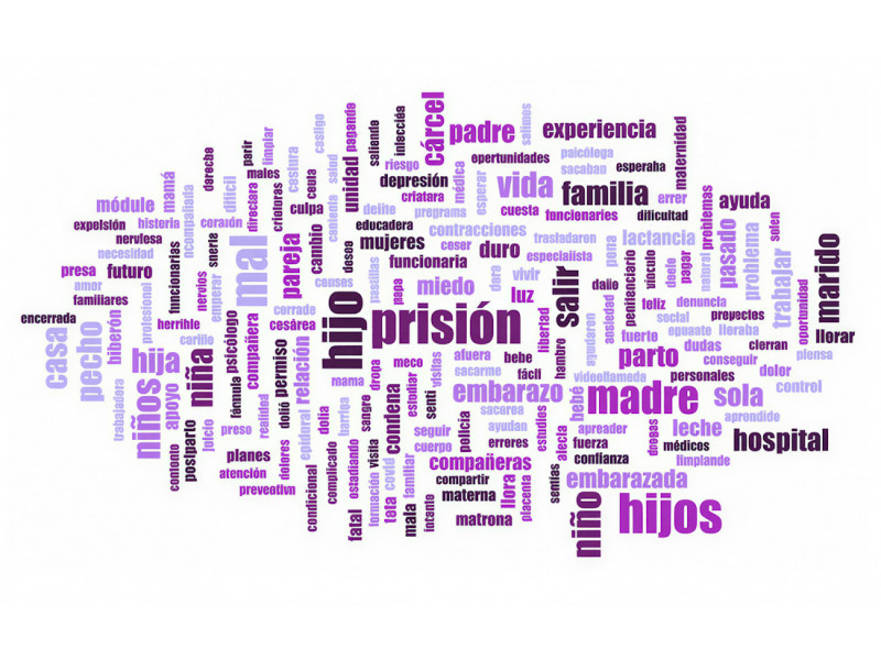 Nube de palabras a partir del análisis de las herstories (relatos de la historia contados desde una perspectiva feminista) de las madres privadas de libertad que han participado en el estudio (PILAR ROIG JUBANY)