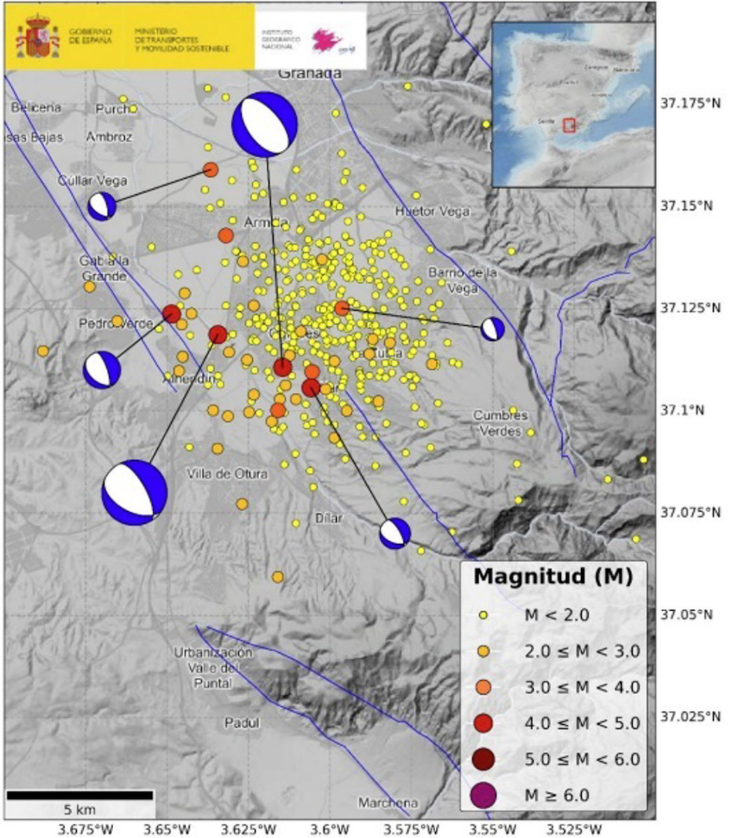 Mapa que recoge los eventos enmarcados en el episodio sísmico que afecta a Granada y su área metropolitana desde el viernes 14 de agosto y hasta este martes (IGN)
