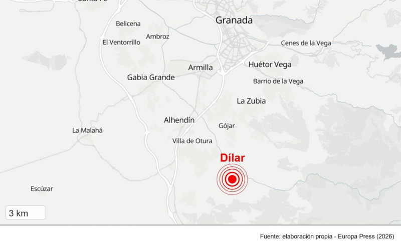 Localización del lugar donde ha tenido epicentro el sismo de magnitud 3,4 registrado en la provincia de Granada (EUROPA PRESS)