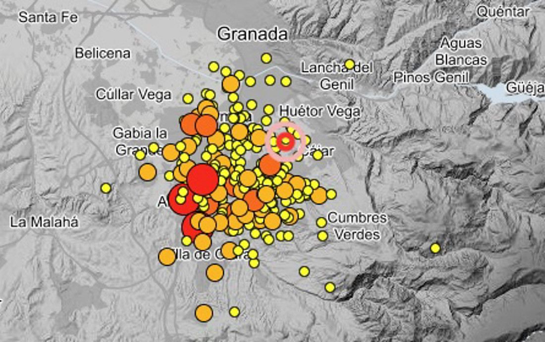 Mapa que refleja el área epicentral de la serie sísmica de Alhendín (Granada) de mediados de agosto de 2026 y los seísmos registrados hasta el mediodía del viernes 21 de agosto (IGN)