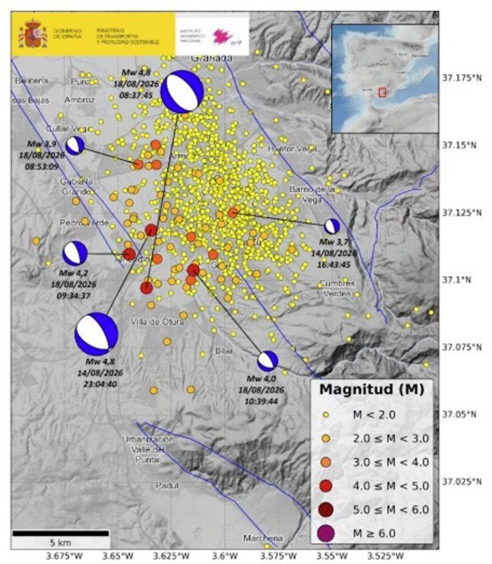 Serie sísmica de Alhendín (Granada) que comenzó el 14 de agosto de 2026 y actualizada por el IGN a 24 de agosto de 2026 (INSTITUTO GEOGRÁFICO NACIONAL)