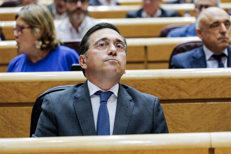 El ministro de Asuntos Exteriores, Unión Europea y Cooperación, José Manuel Albares, interviene durante una sesión de control al Gobierno, en el Senado (CARLOS LUJÁN / EUROPA PRESS)