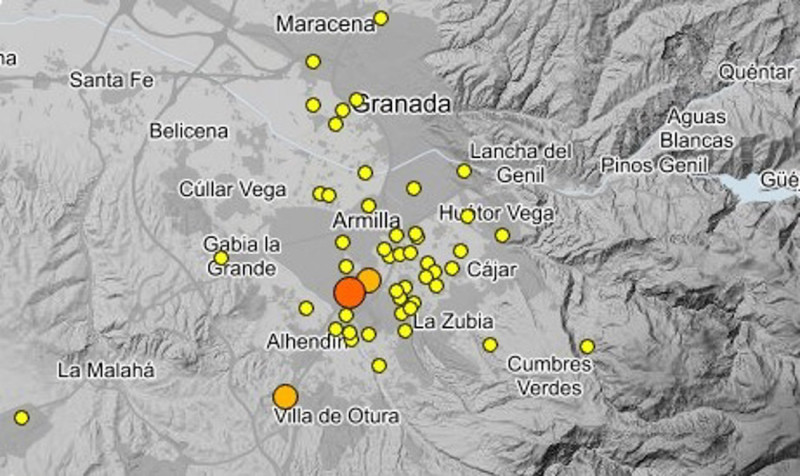 Mapa que recoge los últimos seísmos en la provincia de Granada a 16 de septiembre de 2026 (IGN)
