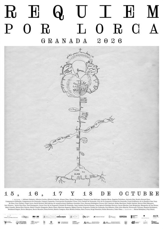 Cartel anunciador de 'Réquiem por Lorca', ambicioso programa artístico que durante cuatro noches reunirá interpretaciones a cargo de medio centenar de artistas y colectivos en una docena de espacios emblemáticos de la ciudad (RÉQUIEM POR LORCA)